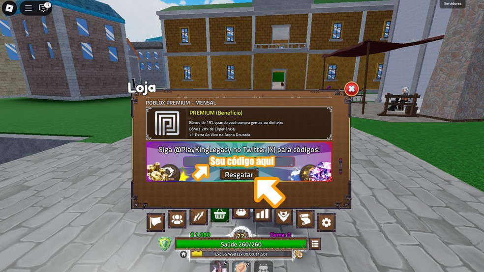 Na loja de King Legacy em Roblox, role para baixo entre as ofertas até ver a opção de resgatar códigos. Insira o código nesse campo e clique em "Resgatar" para obter sua recompensa — Foto: Reprodução/Rafael Monteiro