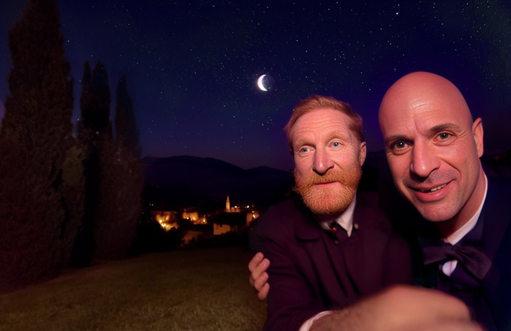 Nesta foto, Stelfie mostra intimidade com o pintor Van Gogh ao abraçá-lo em uma "Noite Estrelada" — Foto: Reprodução/Twitter