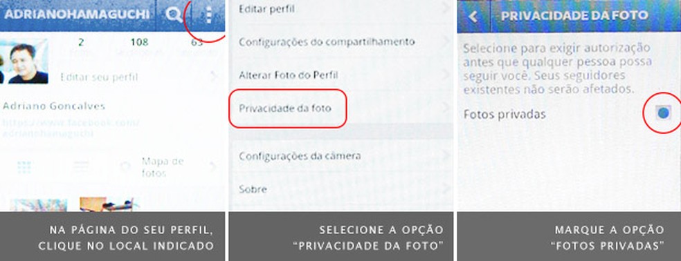 Telas de configuração do Instagram para Android mostram como ativar o modo 'privado' (Foto: Reprodução) — Foto: TechTudo