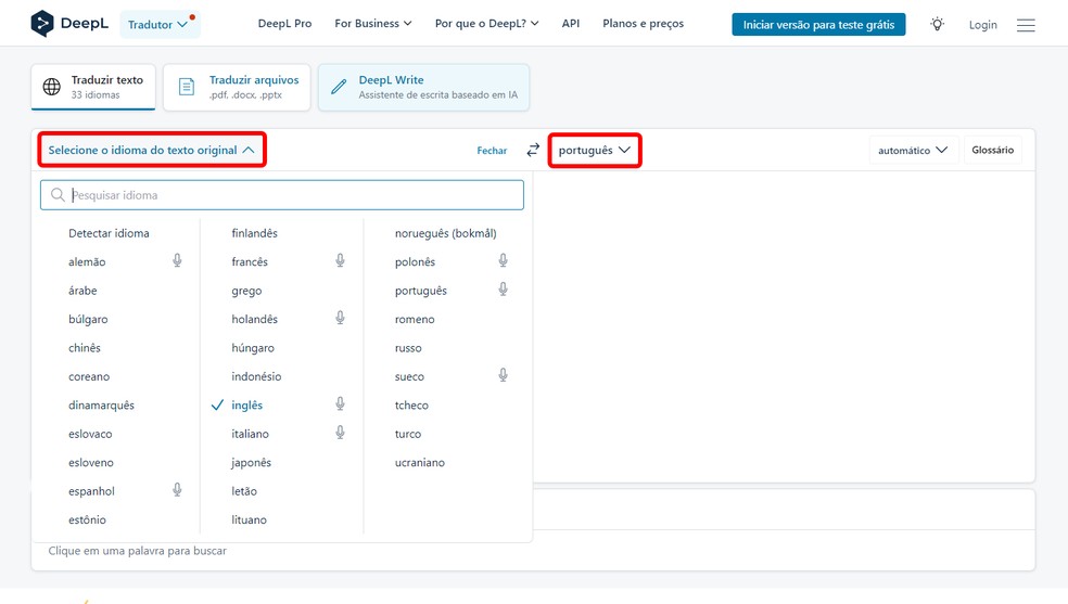 Veja como selecionar idiomas para usar o tradutor online DeepL — Foto: Reprodução/Rodrigo Fernandes