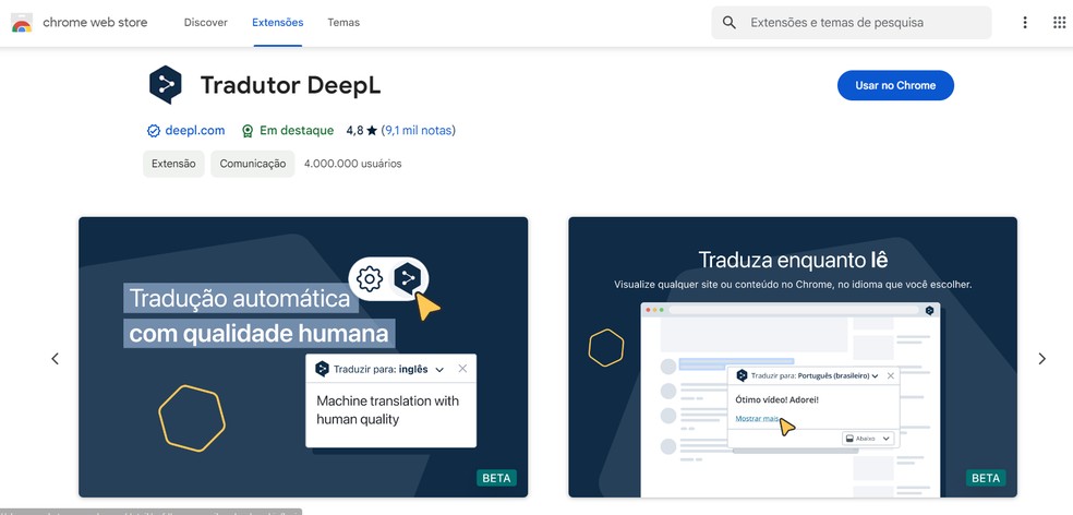 DeepL utiliza IA para fazer traduções de páginas e documentos — Foto: Reprodução/Chrome Web Store