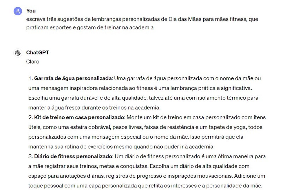 Use o ChatGPT para pedir sugestões de lembranças de Dia das Mães — Foto: Reprodução/Thaisi Carvalho