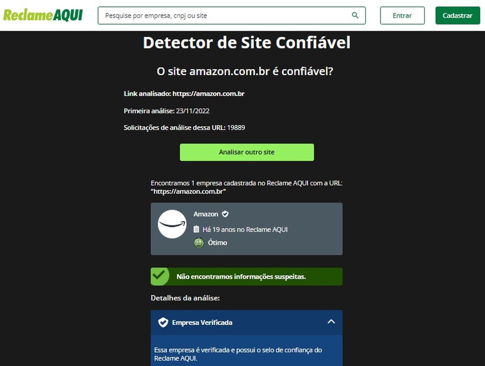 Detector de Site Confiável é o verificador de links do Reclame Aqui — Foto: Reprodução/Reclame Aqui