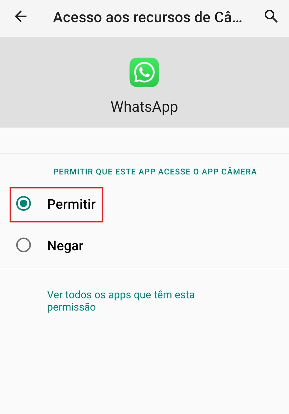 Permitindo o acesso à câmera no aplicativo do WhatsApp (Android) — Foto: Reprodução/Bruno Guerra