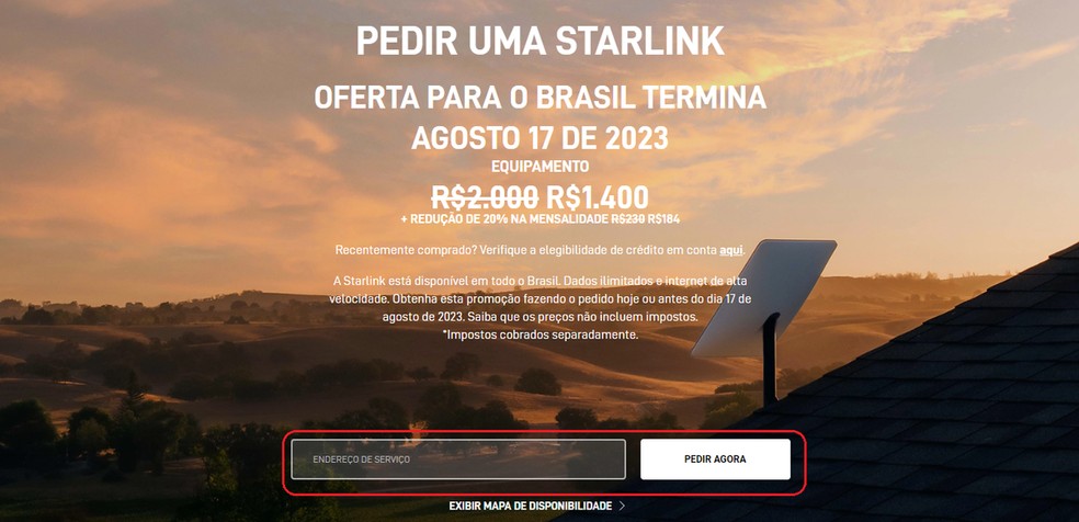 Campo "Endereço de serviço" em destaque no site da Starlink — Foto: Reprodução/Thawane Maria