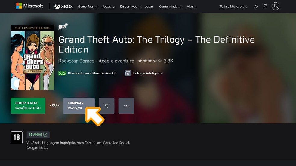 Na página de Grand Theft Auto: The Trilogy - Definitive Edition na Microsoft Store clique em "Comprar" e finalize a compra para poder baixar GTA: San Andreas — Foto: Reprodução/Rafael Monteiro