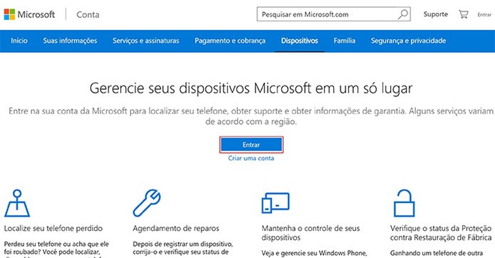 Microsoft oferece página onde usuário poderá encontrar PC com Windows 10 perdido ou roubado (Foto: Reprodução/Elson de Souza) — Foto: TechTudo