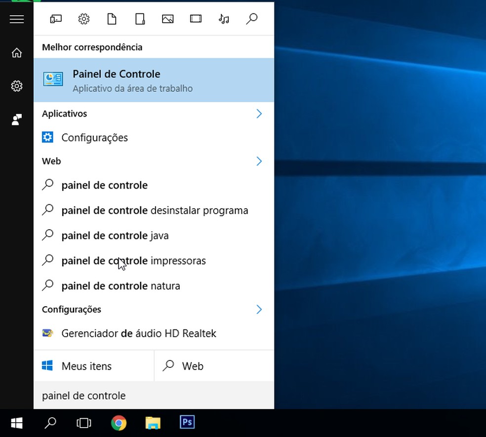 Acessando o painel de controle no Windows 10 — Foto: Reprodução/Alessandro Junior