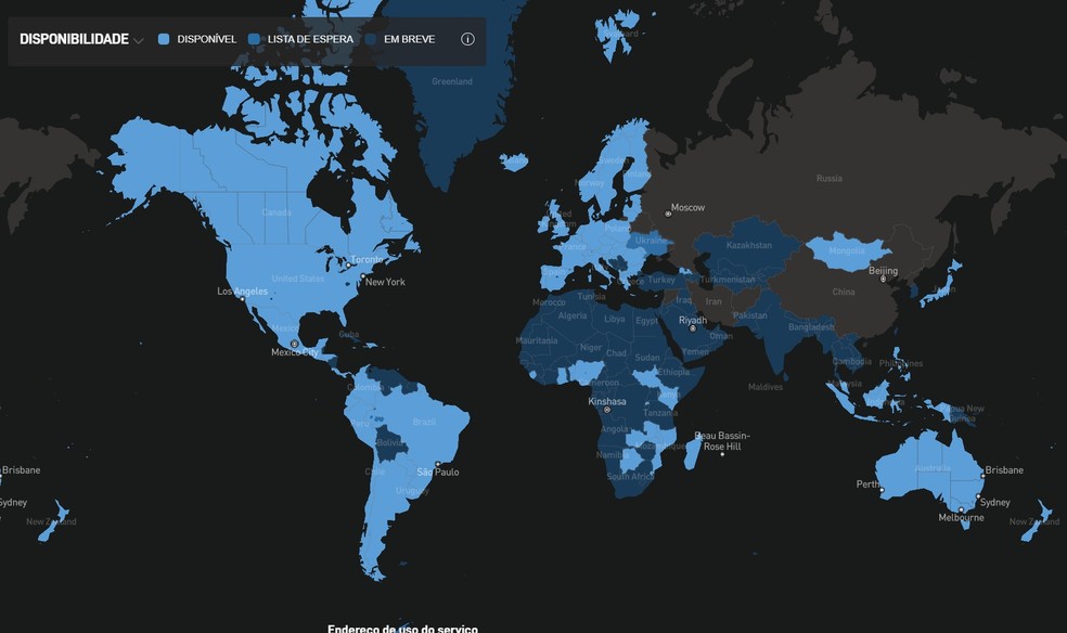 Mapa global de cobertura da Starlink — Foto: Reprodução/Starlink