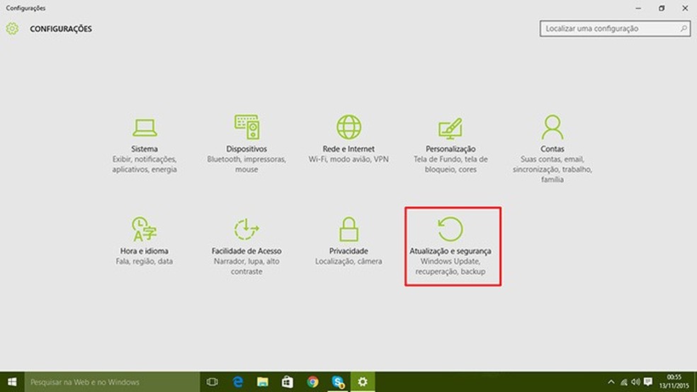 Windows 10 tem rastreamento localizado junto à opção de Atualização e Recuperação das configurações (Foto: Reprodução/Elson de Souza) — Foto: TechTudo