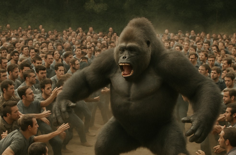Um gorila seria capaz de derrotar 100 homens? Debate viraliza nas redes — Foto: Imagem criada pelo ChatGPT
