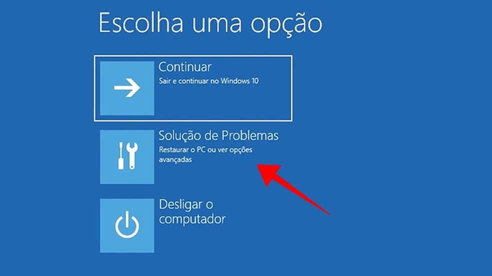 Selecione o menu de Solução de Problemas na recuperação do Windows — Foto: Reprodução/Paulo Alves
