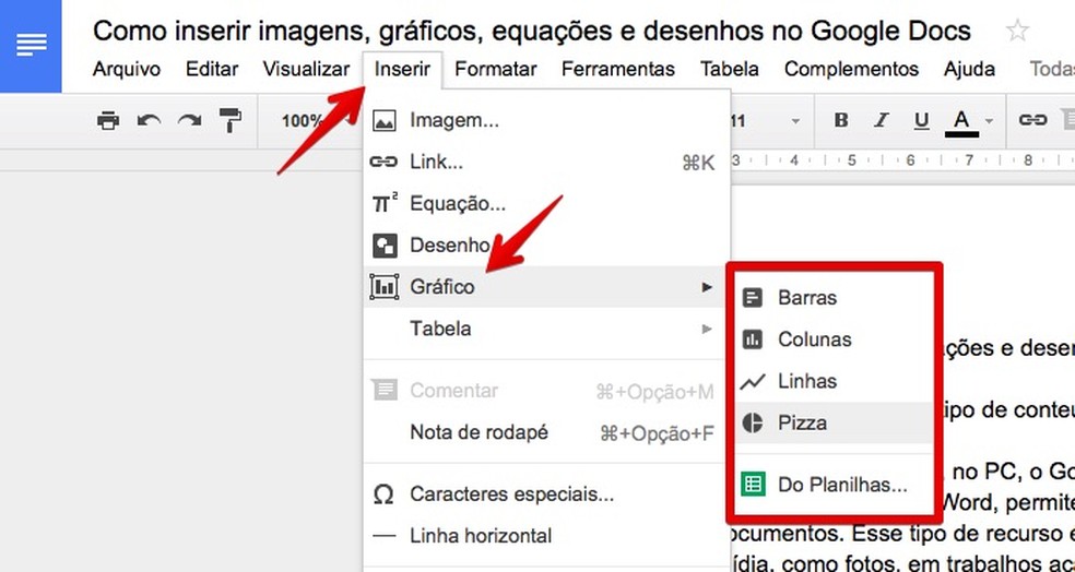 Como inserir imagens, gráficos, equações e desenhos no Google Docs