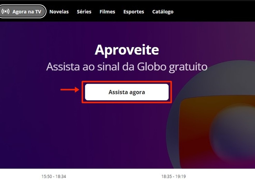 Clique no botão "Assista agora" para abrir a tela que possibilita fazer login ou um cadastro no Globoplay — Foto: Reprodução/Gabriela Andrade