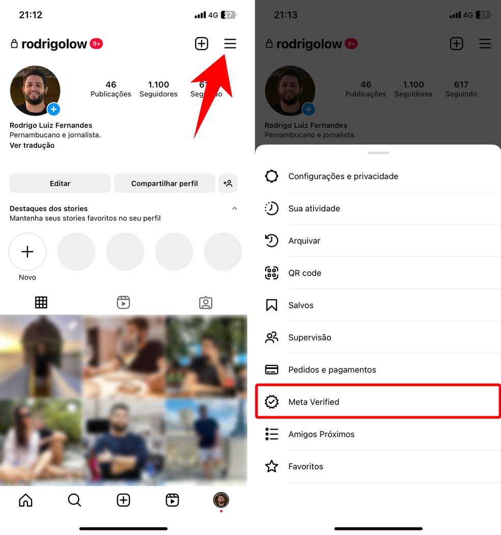 Veja como assinar o selo verificado do Instagram pelo programa Meta Verified no próprio app — Foto: Reprodução/Rodrigo Fernandes