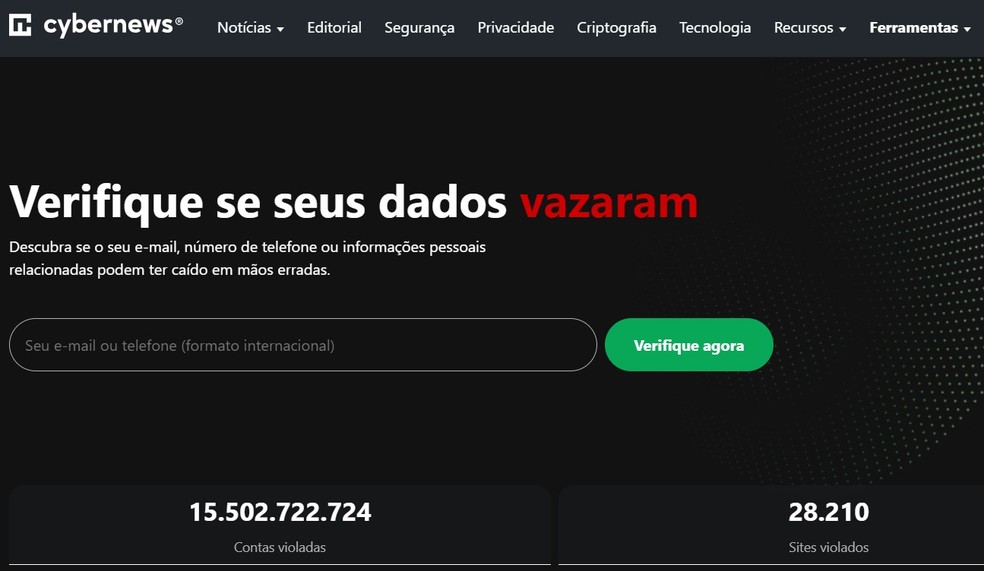 Descubra se você teve dados expostos com a ferramenta do site CyberNews — Foto: Reprodução/Thaisi Carvalho