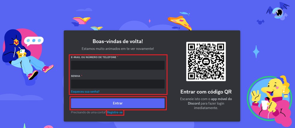 Faça login na sua conta do Discord ou crie uma em "Registre-se" — Foto: Reprodução/Bruno Guerra