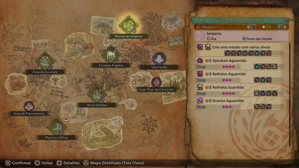 A opção "Detalhes" permite navegar entre caçadas disponíveis para iniciar uma missão ou salvá-la como Investigação — Foto: Reprodução/Daniel Trefilio