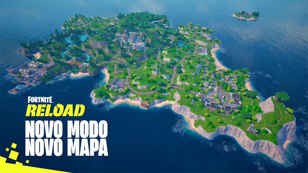O mapa do modo Fortnite Reload é mais compacto e traz localidades clássicas do game como as Torres Tortas (Tilted Towers) — Foto: Reprodução/Fortnite