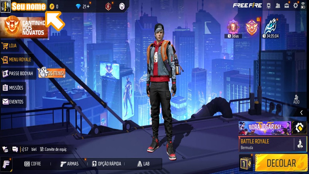 Clique em seu nome no canto superior esquerdo em Free Fire para acessar seu perfil — Foto: Reprodução/Rafael Monteiro