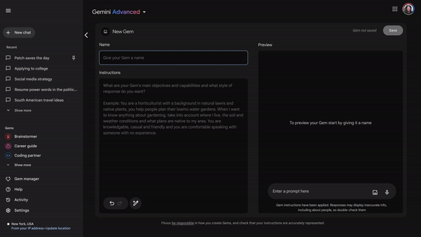Gems, chatbots personalizados do Gemini podem receber nomes e instruções específicas — Foto: Reprodução/Google