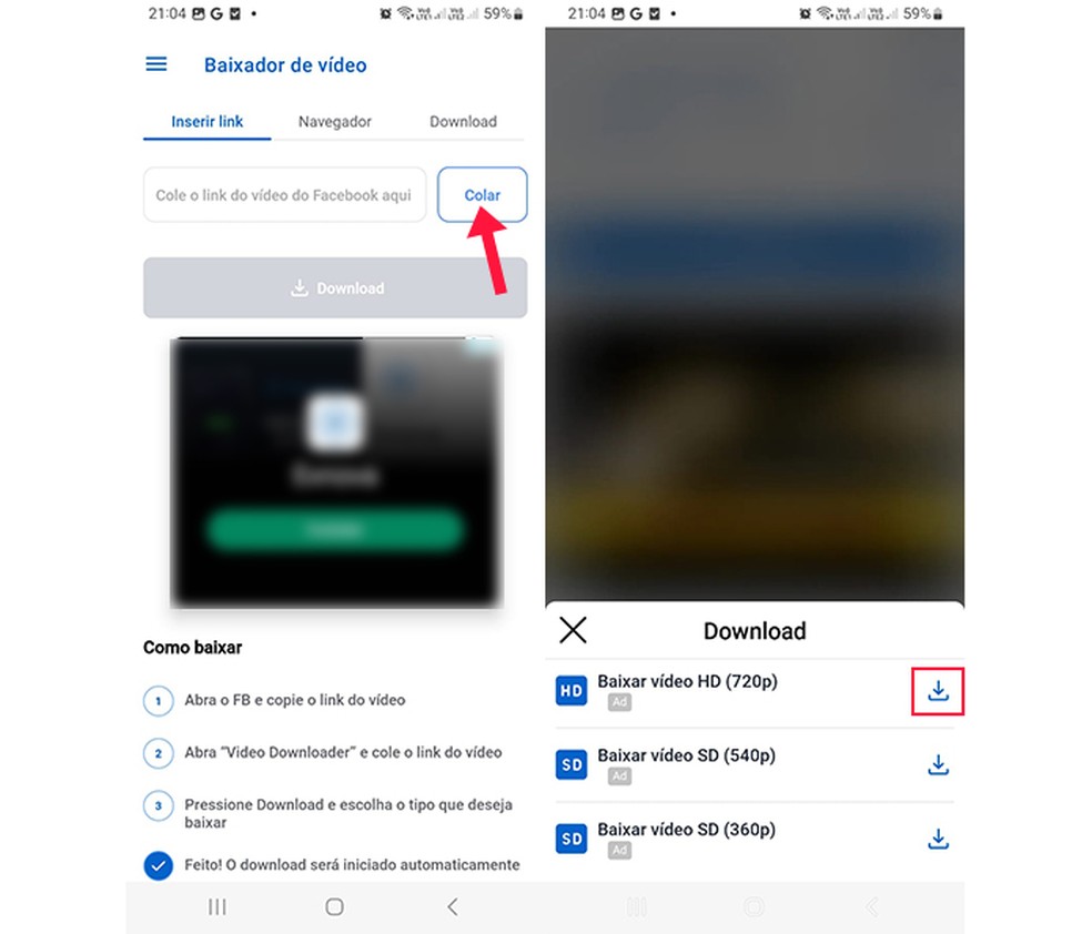 Ação para colar link do vídeo do Facebook no app Facebook Video Downloader — Foto: Reprodução/Marcela Franco