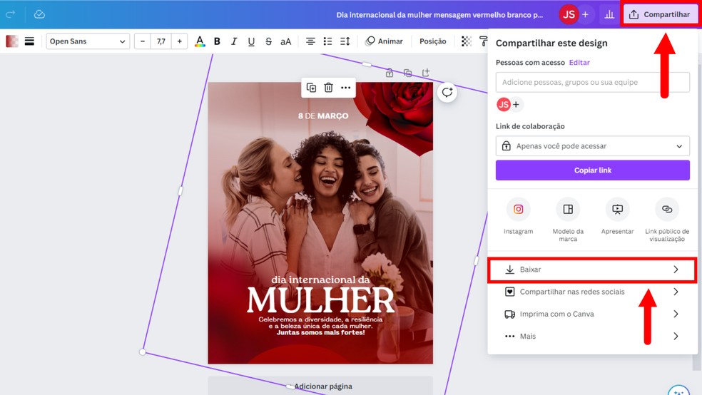 Clique no botão "Compartilhar" e depois pressione "Baixar" — Foto: Reprodução/Júlia Silveira