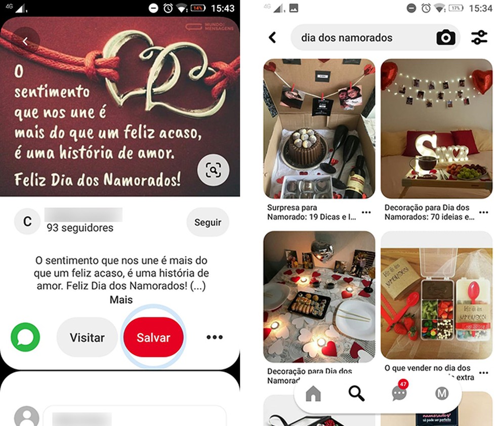 Aplicativo Pinterest oferece inúmeros exemplos de frases para o Dia dos Namorados 2024 — Foto: Reprodução/ Marcela Franco