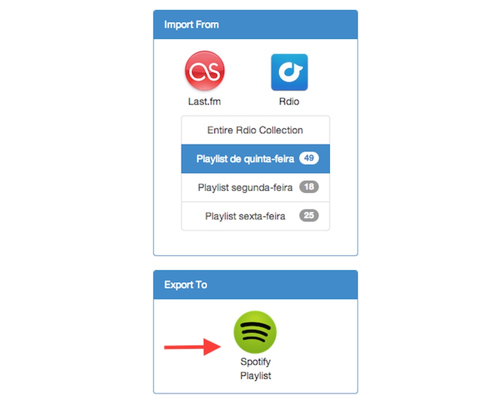 Clicando sobre o ícone do Spotify para preparar o serviço para receber as playlists do Rdio (Foto: Reprodução/Marvin Costa) — Foto: TechTudo