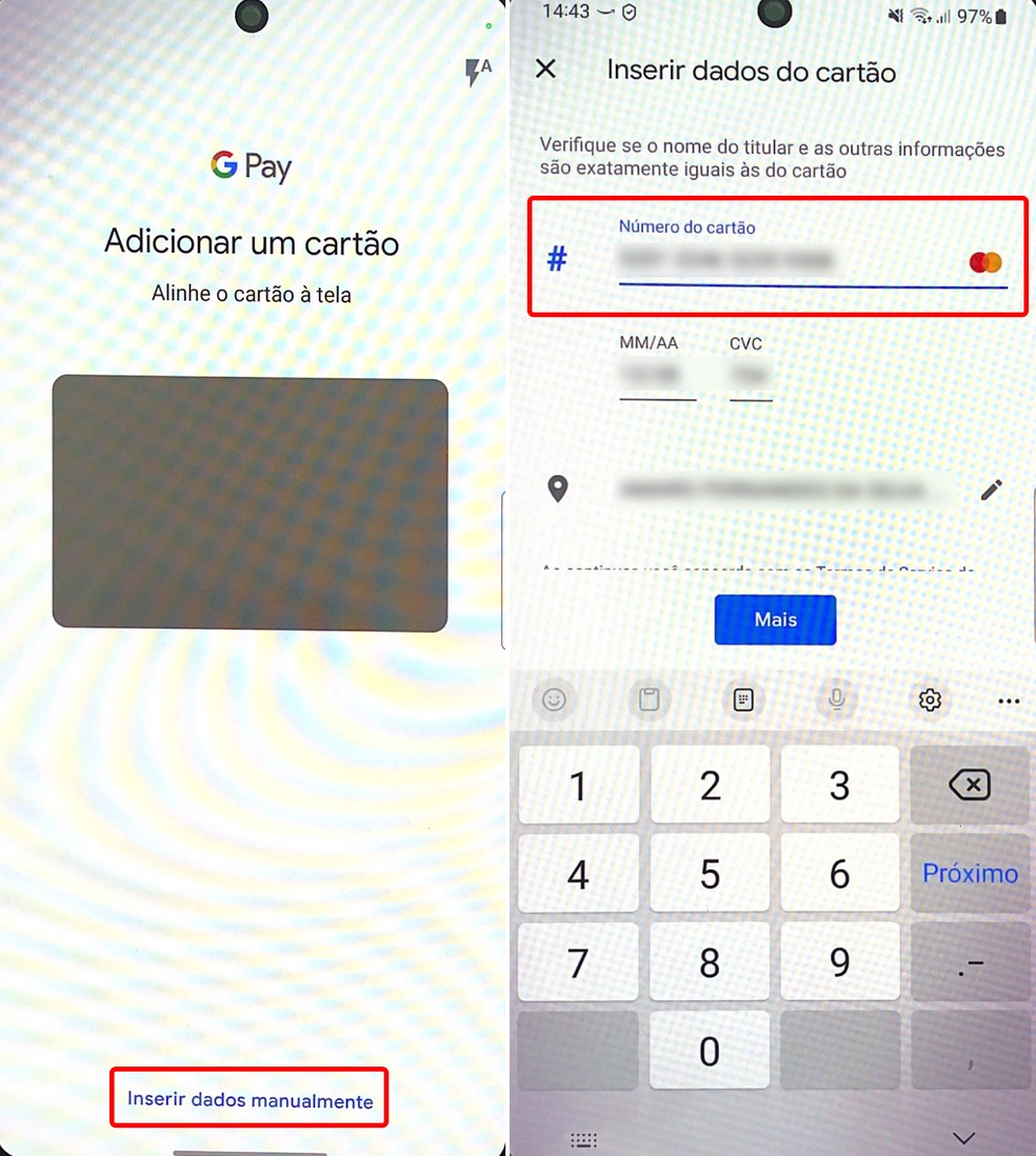 É possível adicionar cartão no Android usando a câmera ou digitando os números manualmente — Foto: Reprodução/Rodrigo Fernandes