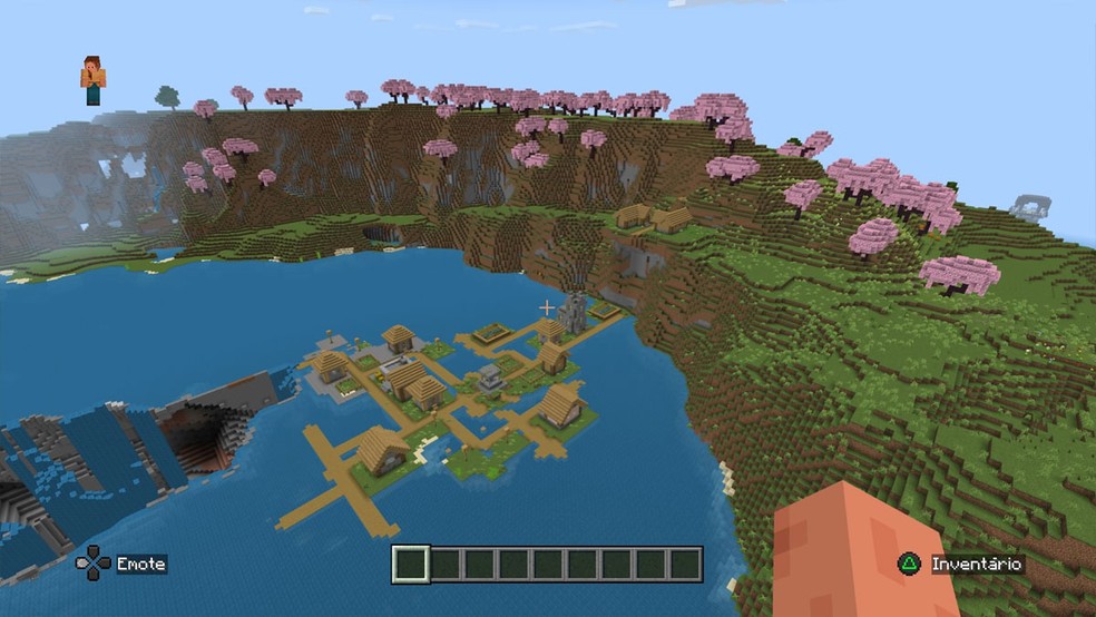 Esta vila em Minecraft fica em uma lagoa com uma gigante cratera e há um Posto de Pillagers nos arredores — Foto: Reprodução/Rafael Monteiro