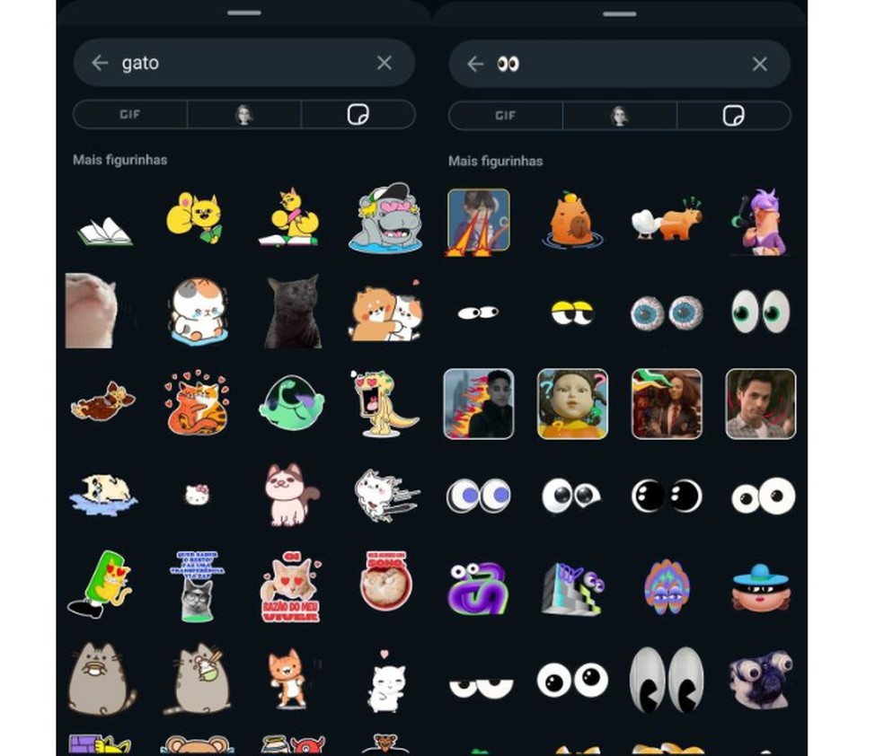 Figurinhas animadas do GIPHY podem ser encontradas a partir de busca por texto ou emoji na bandeja de stickers do WhatsApp — Foto: Reprodução/Carolina Torres