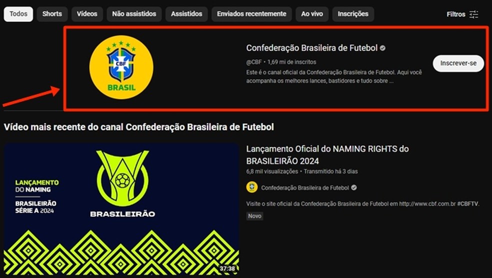 É necessário escolher o canal correto para poder acompanhar o sorteio da Copa do Brasil ao vivo e online no YouTube — Foto: Reprodução/Gabriela Andrade