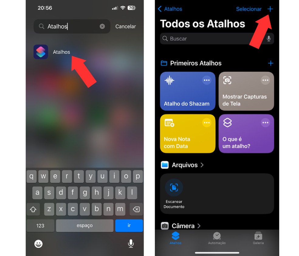 Acessando o app “Atalhos”; plataforma pode ser localizada facilmente na barra de pesquisas do seu iPhone (iOS) — Foto: Reprodução/Mariana Tralback