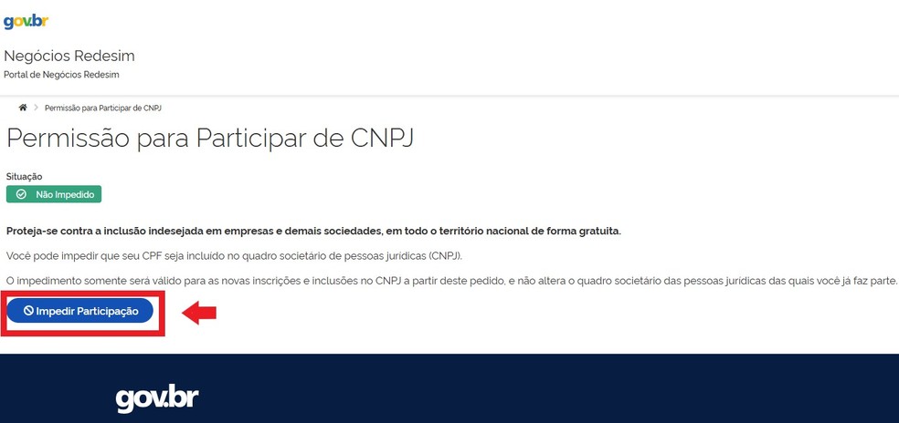 Clique na opção "impedir participação" para proteger o seu CPF — Foto: Reprodução/Thaisi Carvalho