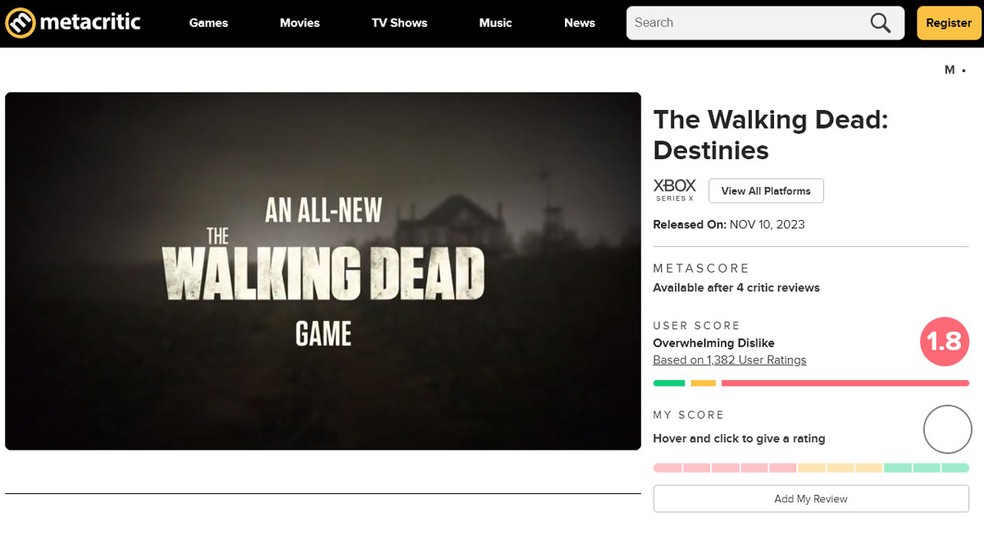 The Walking Dead: Destinies teve uma péssima recepção por usuários e está com nota 1.8 de 10 no site Metacritic — Foto: Reprodução/Metacritic