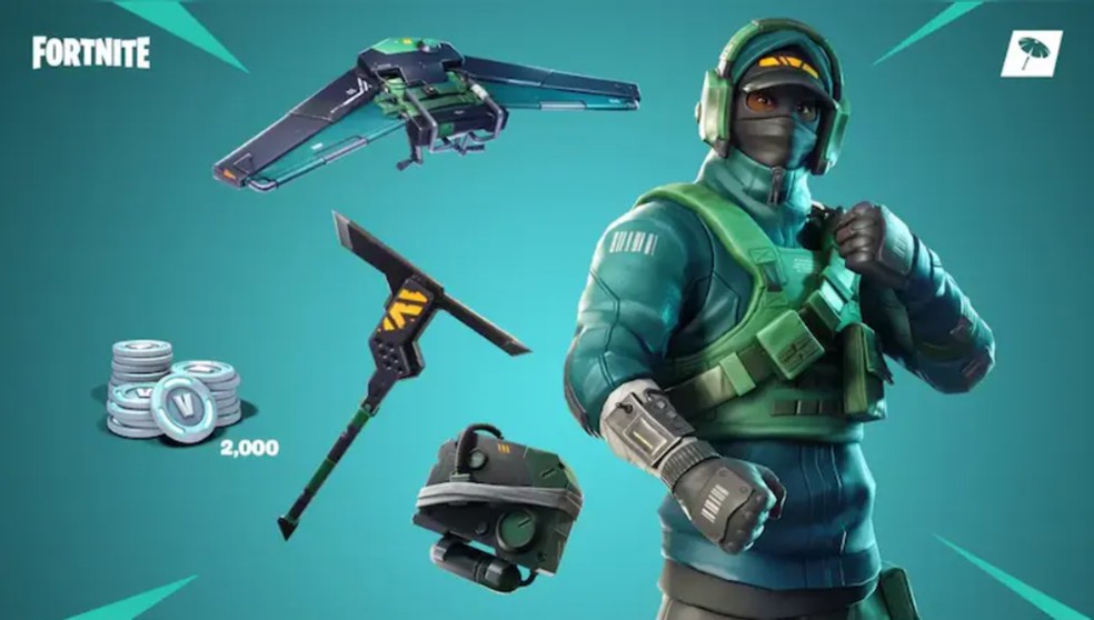 Kit do Reflex no Fortnite, que inclui um planador, uma picareta e um mochila, todos na paleta verde — Foto: Reprodução/G2A