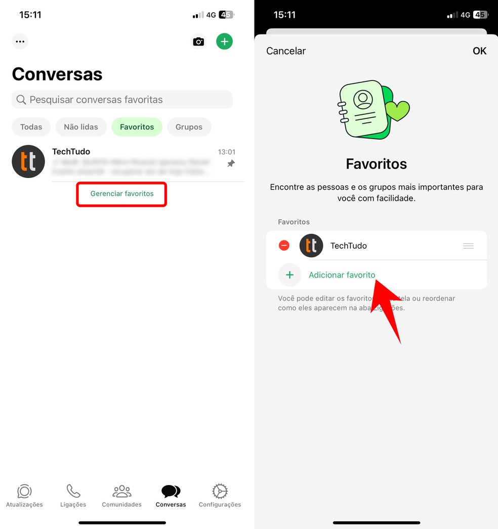 WhatsApp permite gerenciar favoritos para adicionar ou remover conversas da lista — Foto: Reprodução/Rodrigo Fernandes