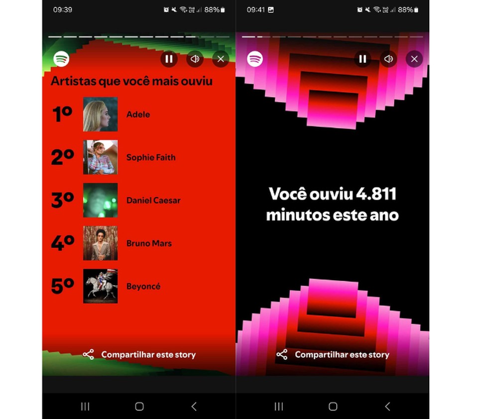 Spotify Wrapped 2024: retrospectiva do app mostra top artistas mais ouvidos e a quantidade de minutos de reprodução — Foto: Reprodução/Spotify