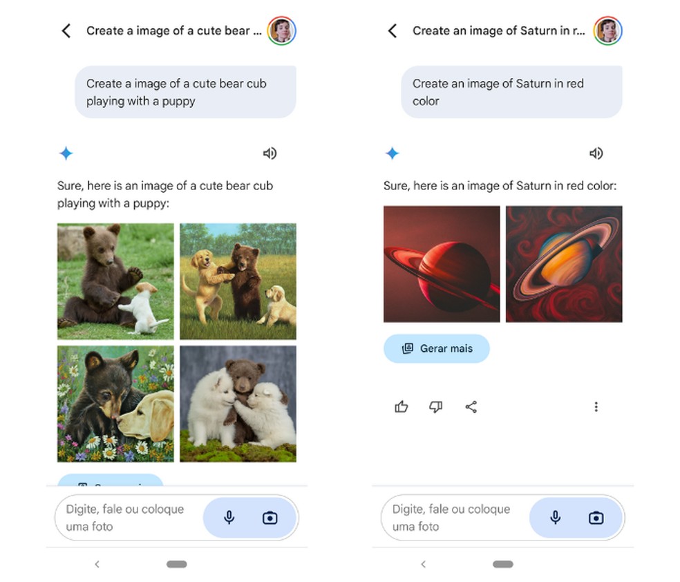 Através de prompts de comando, o aplicativo Gemini utiliza inteligência artificial para gerar as imagens que o usuário solicita — Foto: Reprodução/Mariana Tralback