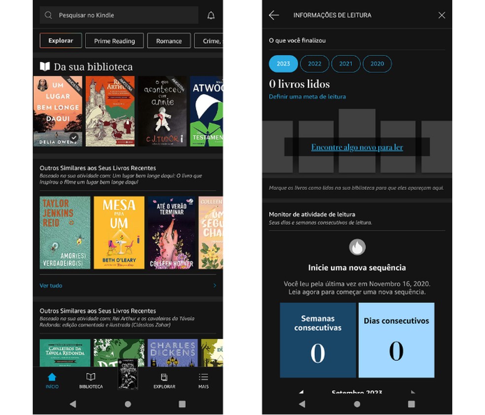Aplicativo Kindle funciona como uma “estante virtual” dos livros adquiridos no site ou app da Amazon — Foto: Reprodução/Mariana Tralback
