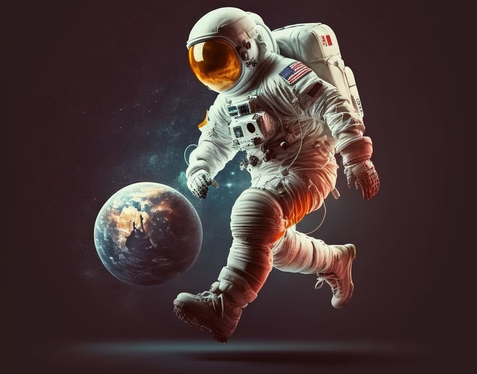 Um astronauta jogando bola com o Planeta Terra  — Foto: Reprodução/Midjourney