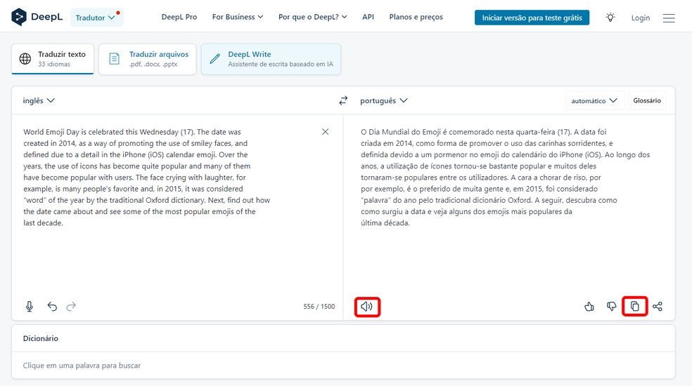 Tradutor DeepL permite ouvir tradução e copiar resultado para colar em documentos de forma fácil — Foto: Reprodução/Rodrigo Fernandes