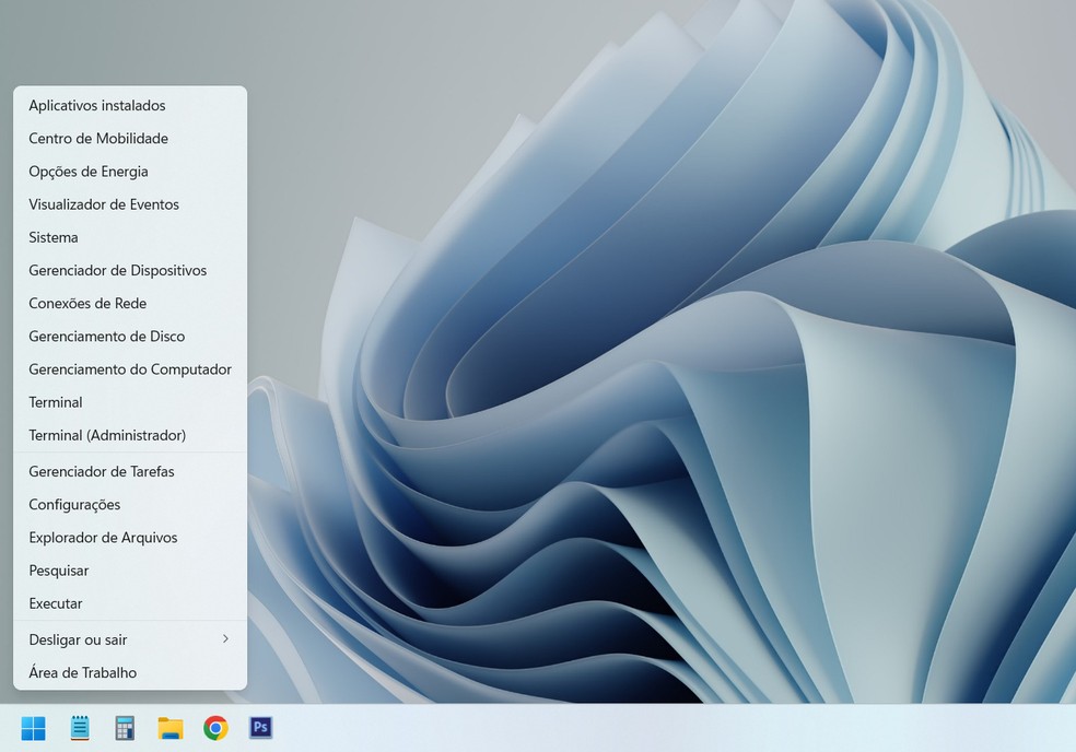 Menu oculto do Windows 11 permite acessar funções e recursos do sistema de forma rápida — Foto: Reprodução/Rodrigo Fernandes