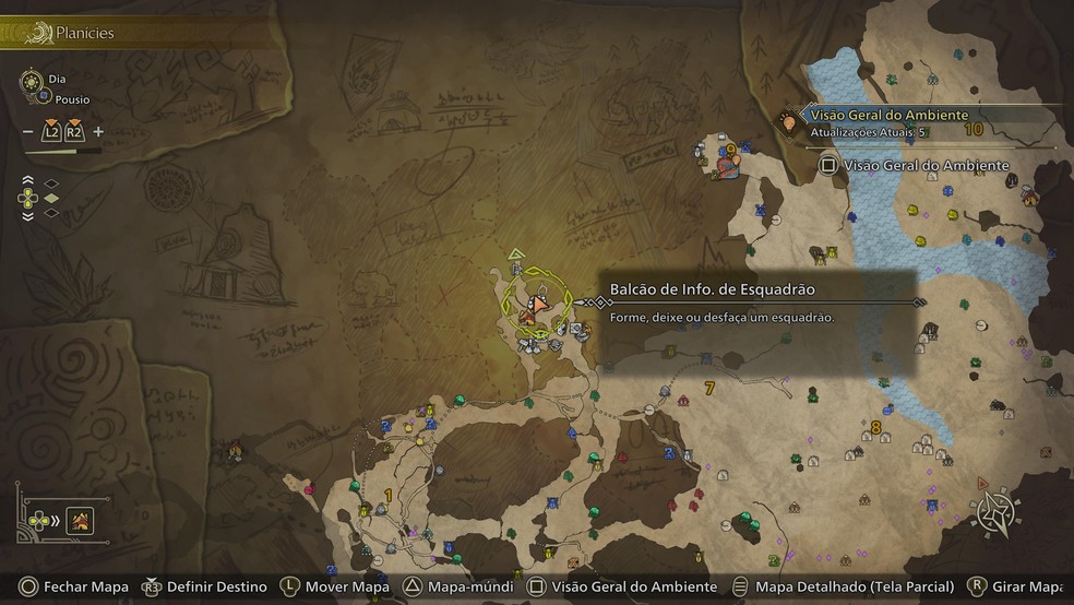 Ao abrir o mapa geral, selecione a opção "Mapa-múndi" para ver caçadas disponíveis (botão Triângulo no PS5) — Foto: Reprodução/Daniel Trefilio