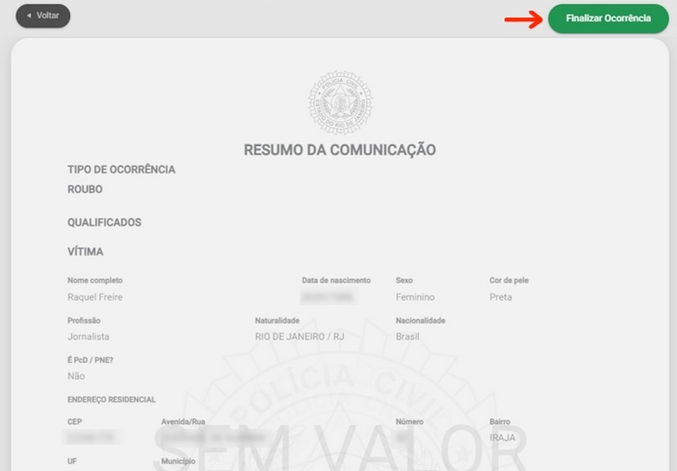 Envio da denúncia para formalização do boletim de ocorrência do Rio de Janeiro feito online  — Foto: Reprodução/Raquel Freire