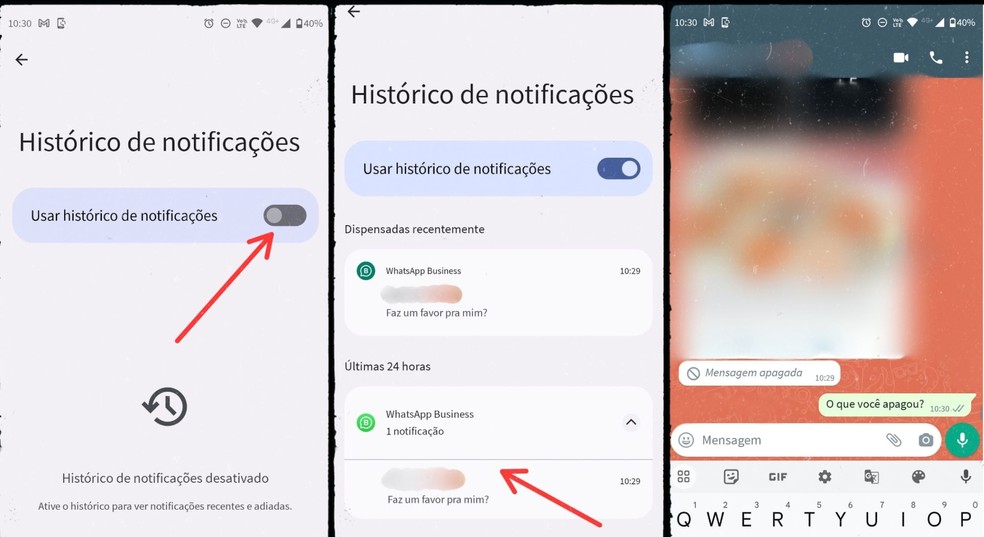 Verificação de mensagens apagadas no aplicativo WhatsApp através do histórico de notificações do Android — Foto: Reprodução/Gisele Souza