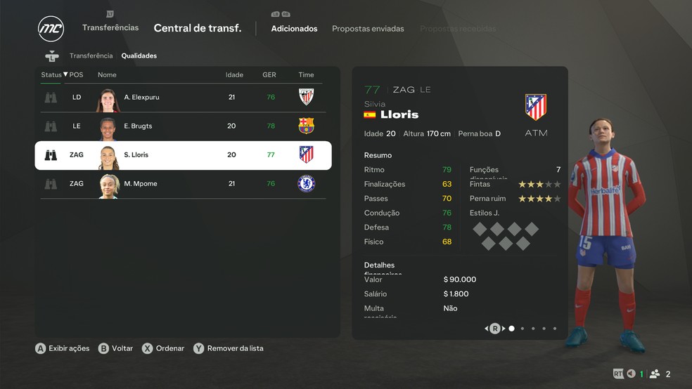 Silvia Lloris, do Atlético de Madrid, no Modo Carreira do EA FC 25 — Foto: Reprodução/Luccas Melo