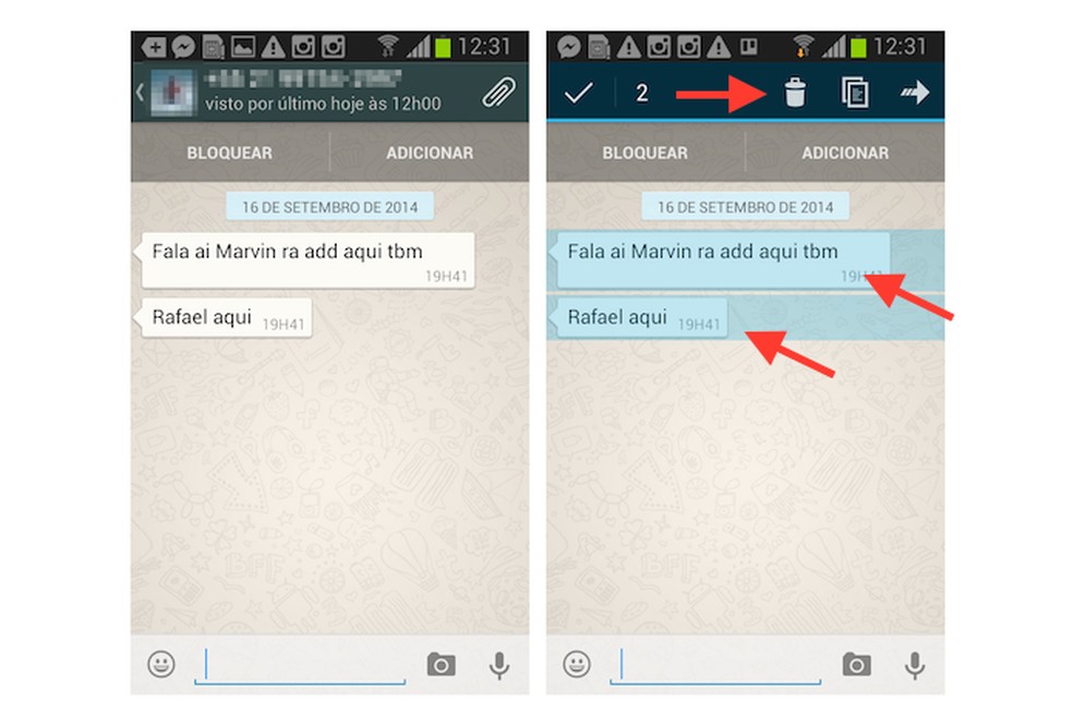 Selecionando conversas para apagar simultaneamente no WhatsApp no Android (Foto: Reprodução/Marvin Costa) — Foto: TechTudo
