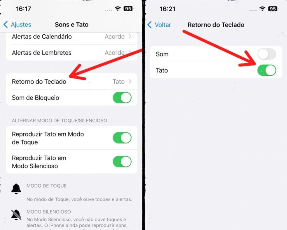 Ação de desligar a funcionalidade de teclado tátil do iPhone — Foto: Reprodução/Gisele Souza